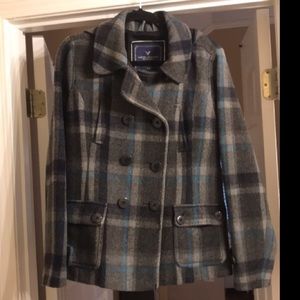 AMERICAN EAGLE grey/blue plaid peacoat